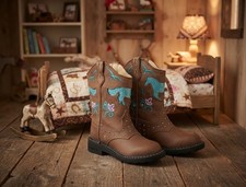 Roper Western Cowboy Boots Girls Sz 11 Brown,Blue, Glitter Lights When You Step