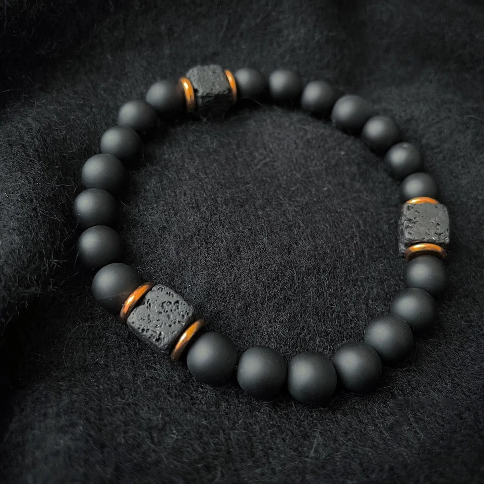 Mens Premium Matte Black Onyx with Lava Beads Grounding Protection Bracelet - Image 2 of 4
