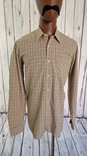 Tom Collins Vintage Shirt -Medium- Brown Check Cotton Long Seeve 1980s CY87 - Picture 2 of 10