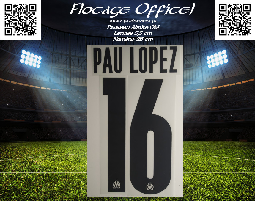 Flocage OM Pau Lopez 16 Coupe d'Europe officiel Monblason pour les soirs de match au Vélodrome