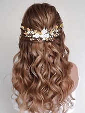 Flower Bride Wedding Hair Vine Pearl Bridal Headpiece Leaf Hair B Gold