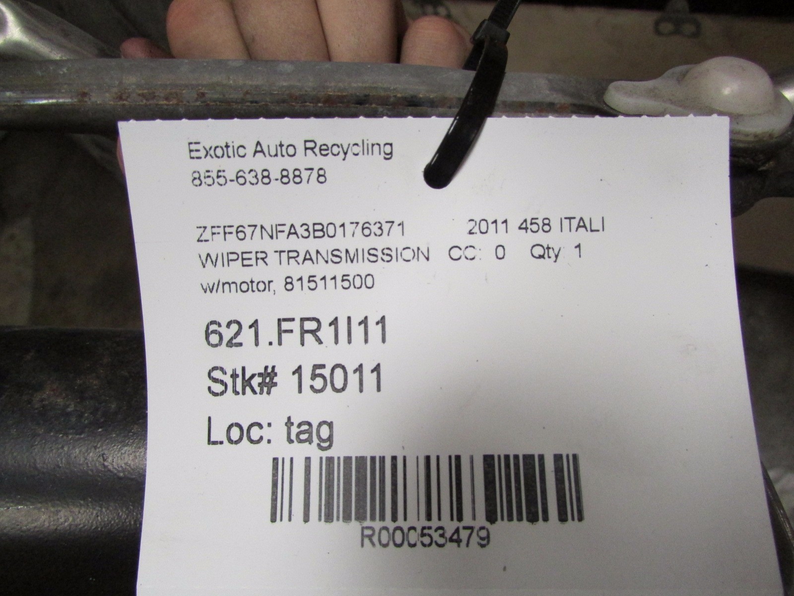 Ferrari 458 Italia, Windshield Wiper Transmission w/motor, Used, P/N 81511500