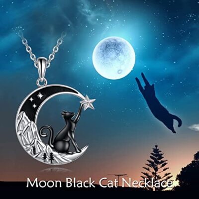 925 Sterling Silver Cat With Moon & Star Necklace Pendant - Dainty Jewelry Gift For Women And Girls