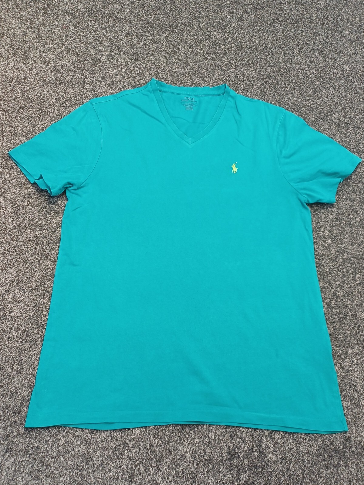 Ralph Lauren T Shirt Uomo Grande Blu Teale 100% Cotone Manica Pony Logo Scollo V
