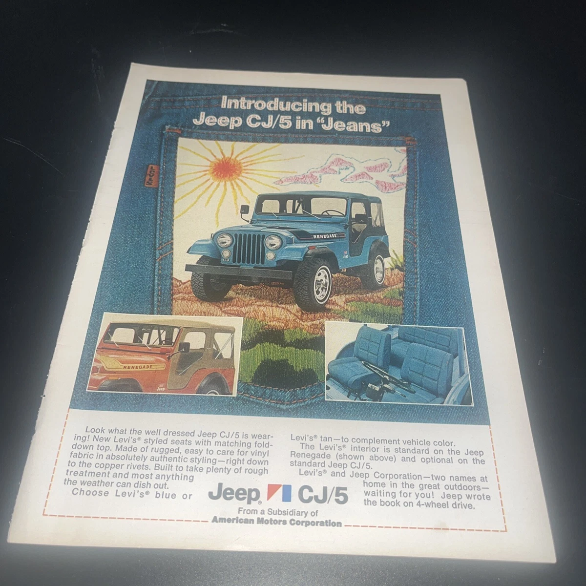 1974 Jeep CJ 5 in Jeans Vintage Print Ad Levi s Denim Seats
