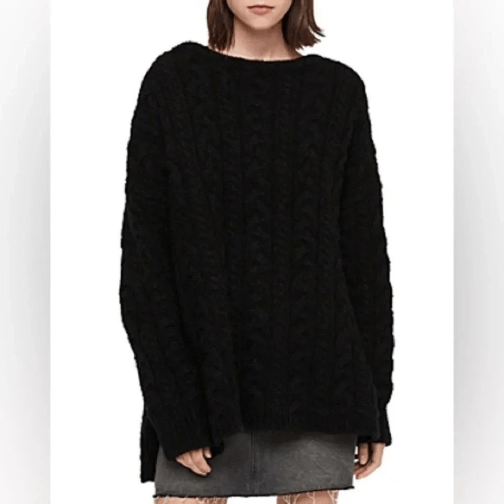 NWT women’s ALL SAINTS black cable knit over sized crew neck sweater sz Small