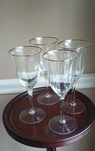 4 Vintage Gold Rimmed Ribbed White Wine Glasses Circa 1970's 8" High EUC
