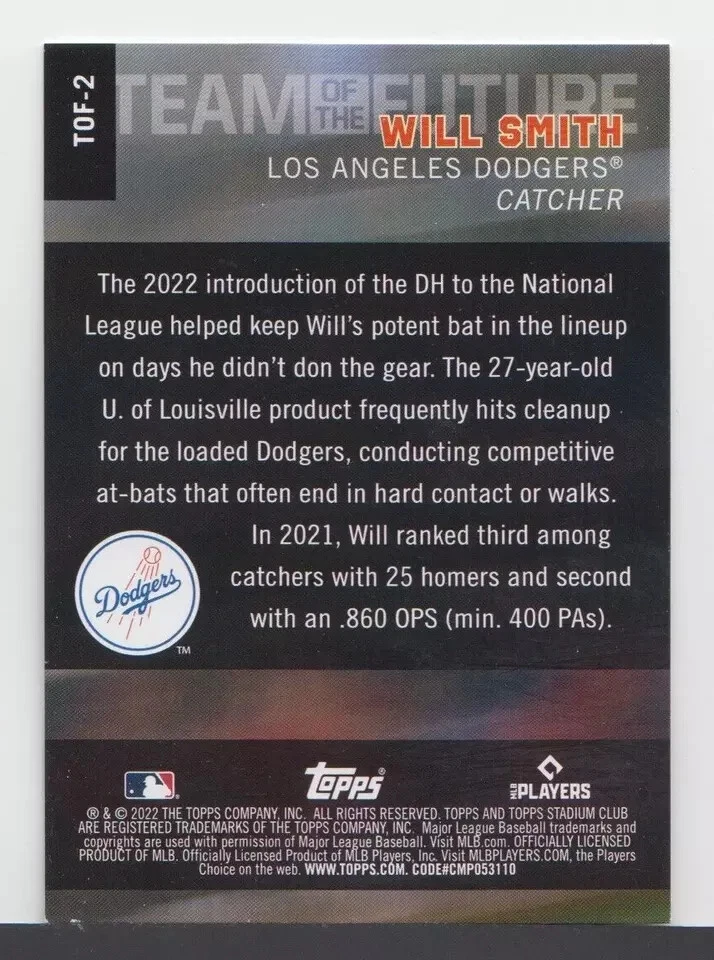 WILL SMITH - MLB-2022 -TOPPS STADIUM CLUB TEAM OF THE FUTURE  - CARD No # TOF-2 - Image 2 of 2