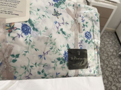 Wamsutta D. Porthault 1pc Twin Fitted Sheet Blue 50/50 Poly Cotton Print