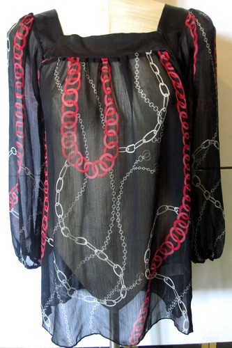NWT Women's Sheer Black Top Blouse M 3/4 Sleeves Chain Link Print