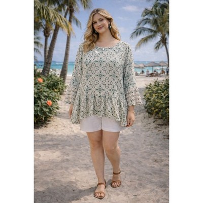 Boho Flowy Ruffle Pom Pom Preppy Mosaic Green Navy Tunic Top Crown & Ivy 2XL