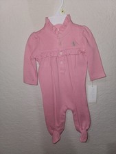 NWT Ralph Lauren Pink Baby Girl's Ruffle Polo Rugby Coverall Romper Footie 9M