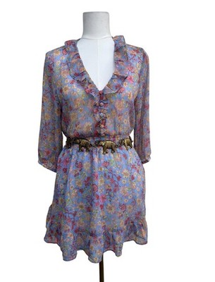 ZARA Floral Mini Dress Womens Blue Pink Ruffle Boho Summer Flowy Lightweight