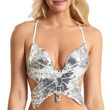 Women Butterfly Sequins Camisole Crop Top Strappy Backless Music Festival Vests