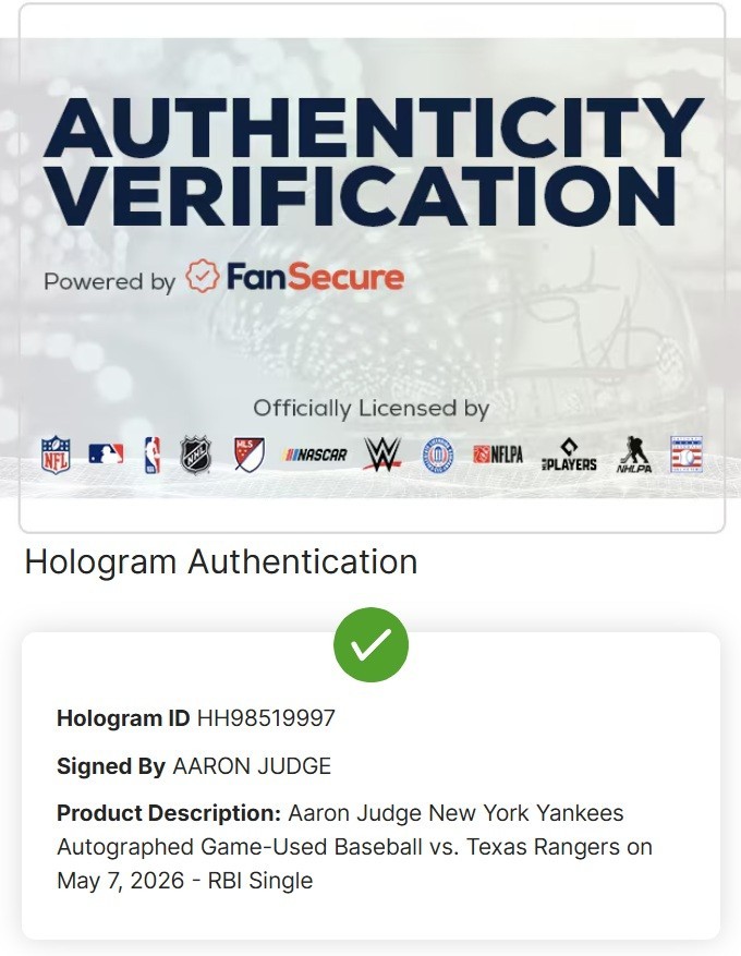 Aaron JUDGE Game Used RBI Single Auto Baseball w/ Lineup Card 2026 MLB Fanatics view 10