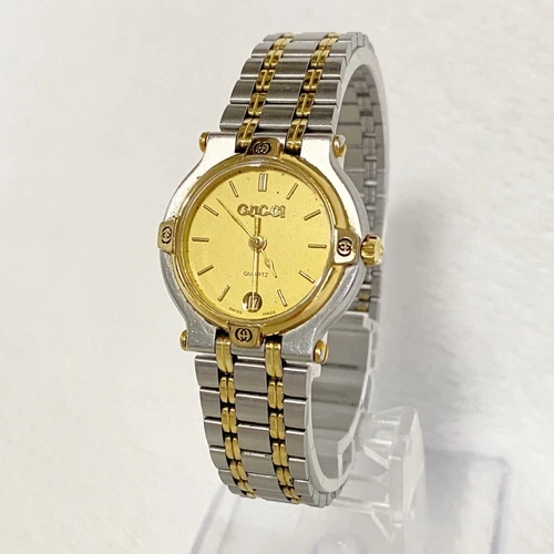 Orologio da polso GUCCI 9000L rotondo data quadrante oro quarzo donna analogico argento
