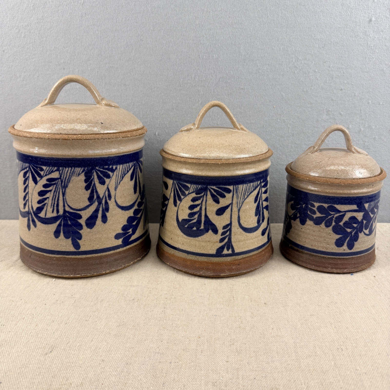 Vintage Signed Studio Stoneware Canister Set 3 Blue Vine Hand Thrown MCM