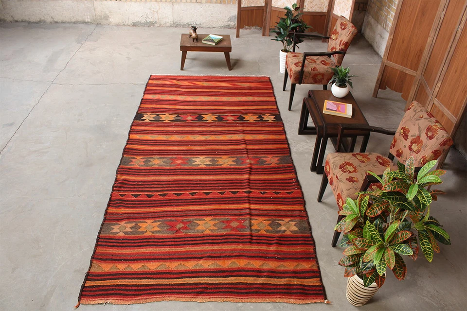 Alfombra tradicional anudada a mano de lana geométrica Kilim oriental vintage 5x10 Foto 3 de 4