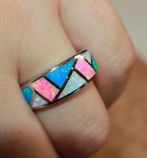 inlaid fire opal ring gemstone silver jewelry engagement wedding cocktail band H