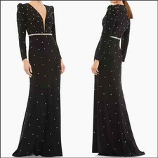 Mac Duggal Crystal Detail Long Sleeve Column Gown in Black Color Size 4