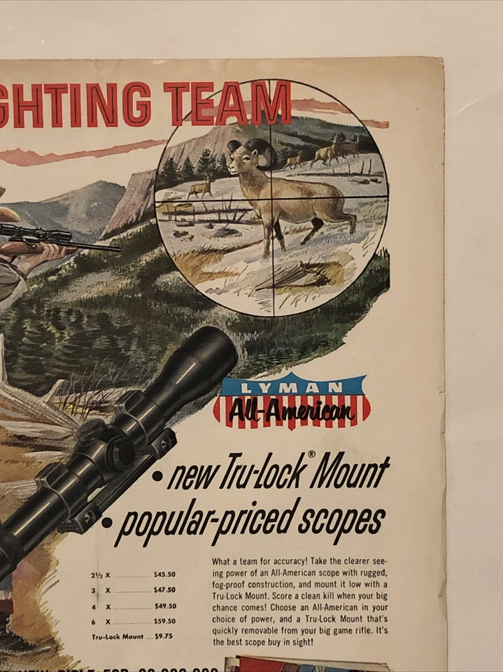Mira telescópica Lyman Gun 1957 anuncio impreso con montaje Tru-Lock de colección años 50 Middlefield CT Foto 3 de 4