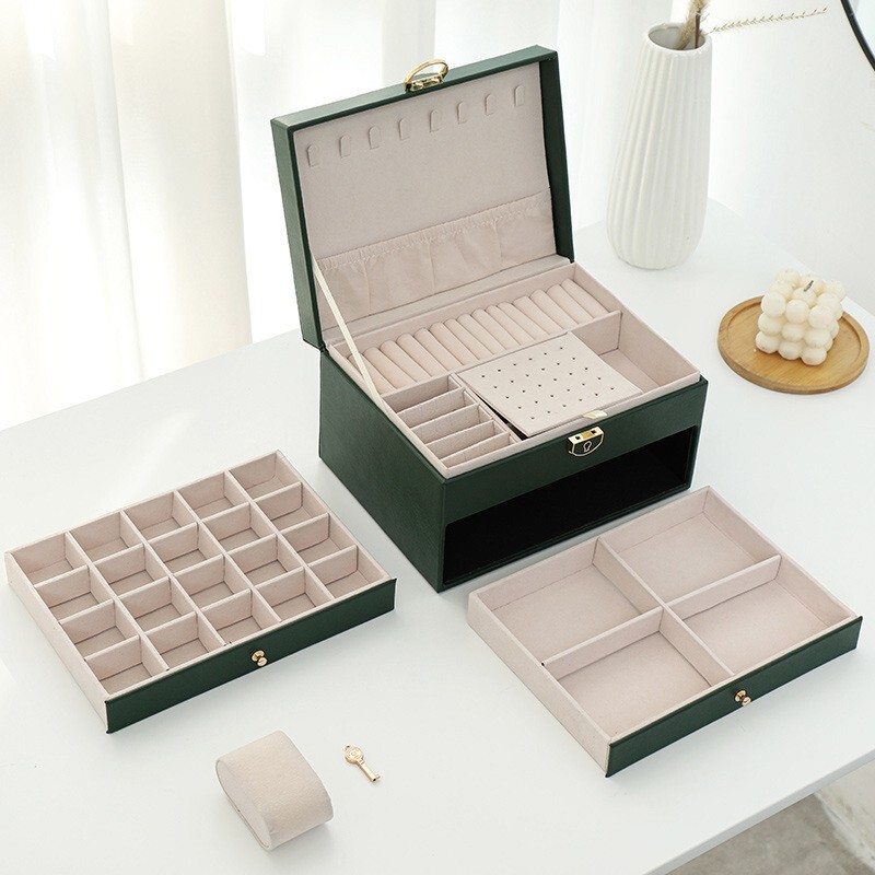 Best Gift Idea Three Layer Lockable PU Leather Jewelry Storage Box with Lock and image 2