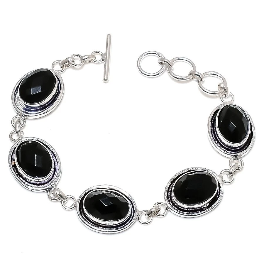VALENTINO Bracciale gioiello in argento sterling 925 fatto a mano con pietre preziose spinello nero misura 7 8"