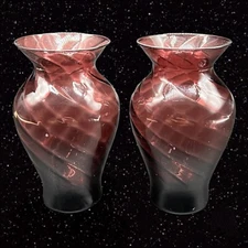 Vintage Art Glass Vase Set Purple Amethyst Optic Illusion Swirl Bud Vases 4”T 2”