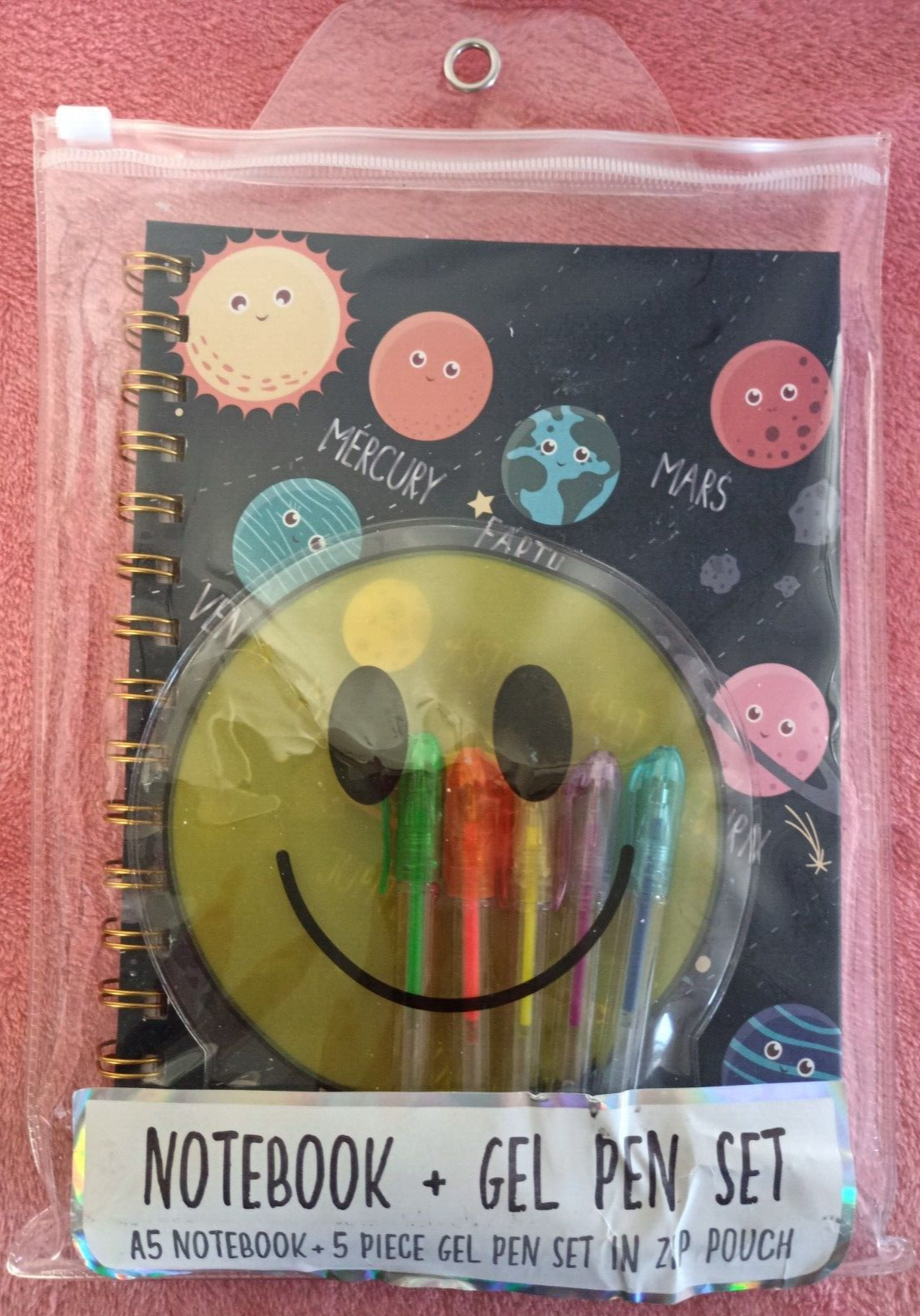 A5 Notebook with 5 Gel Pens and Happy Face Zip Pouch