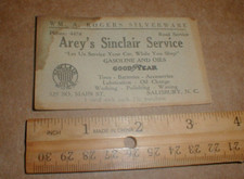 VTG 1951 Arey's Sinclair Gas Oil Service Station Salisbury NC trade Card prizes-