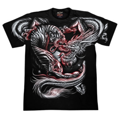 T Shirt Dragon Tiger Black Fantasy Glow Dark Graphic Mens Yin Yang Luck New Year