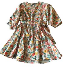 Code x Mode Floral Belted Puff Sleeve A-Line Dress Large Pink Red Green Yellow