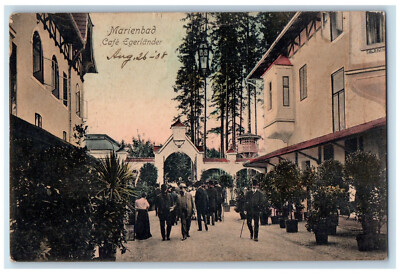 1908 Crowd Walking Scene Marienbad Cafe Egerlander Antique Posted Postcard