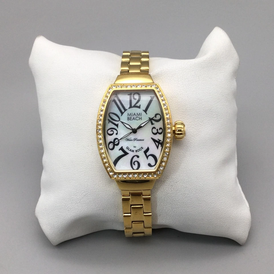 Miami Beach By Glam Rock Watch Women 30mm Pave Gold Tone New Battery 8.25" - Image 2 of 4