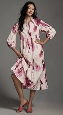 Maeve Anthropologie The Bettina Tiered Cotton Shirt Dress Watercolor SP Cottage