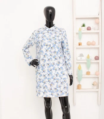 Cos Vestido Floral Azul Blanco Cuello Bolsillos Algodón Elástico Para Mujer 38 - Imagen 1 de 4