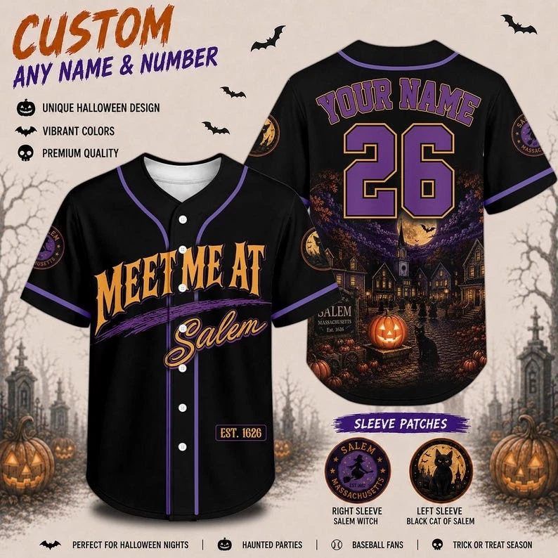 Salem Witch Baseball Jersey Meet Me At Salem Spooky Halloween Button Down XS-5XL