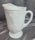 Vintage MCM Milk Glass Grape Vine Pedestal Pitcher 10” Tall Vase Decor