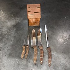 Vtg Saladmaster 5 Star Cutlery Knife Set 5 Piece Wooden Block Made in USA Steel
