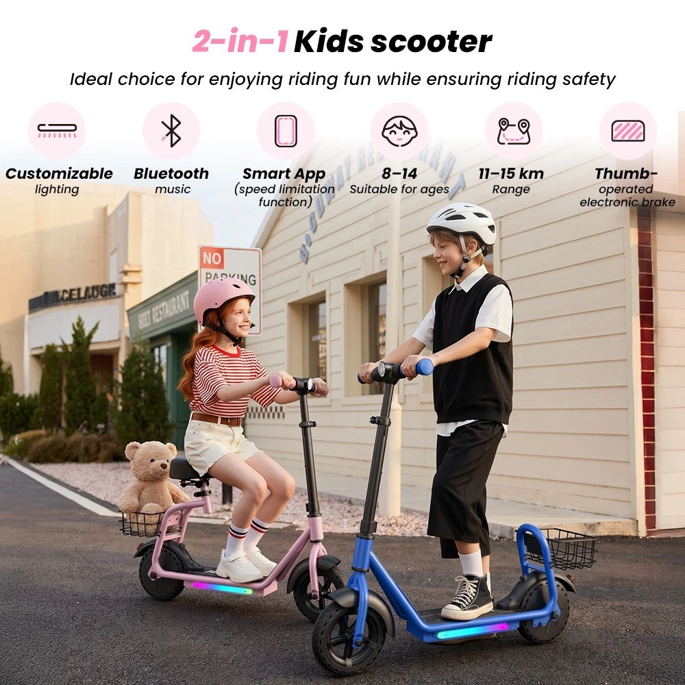 iK7 Elektroroller 2in1 250W 20km/h Kinder E-Scooter mit abnehmbarem Sitz & Korb - Bild 7 von 23
