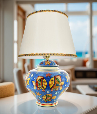 Sicilian Ceramic Table Lamp Ball Shade with Fish Hand Painted