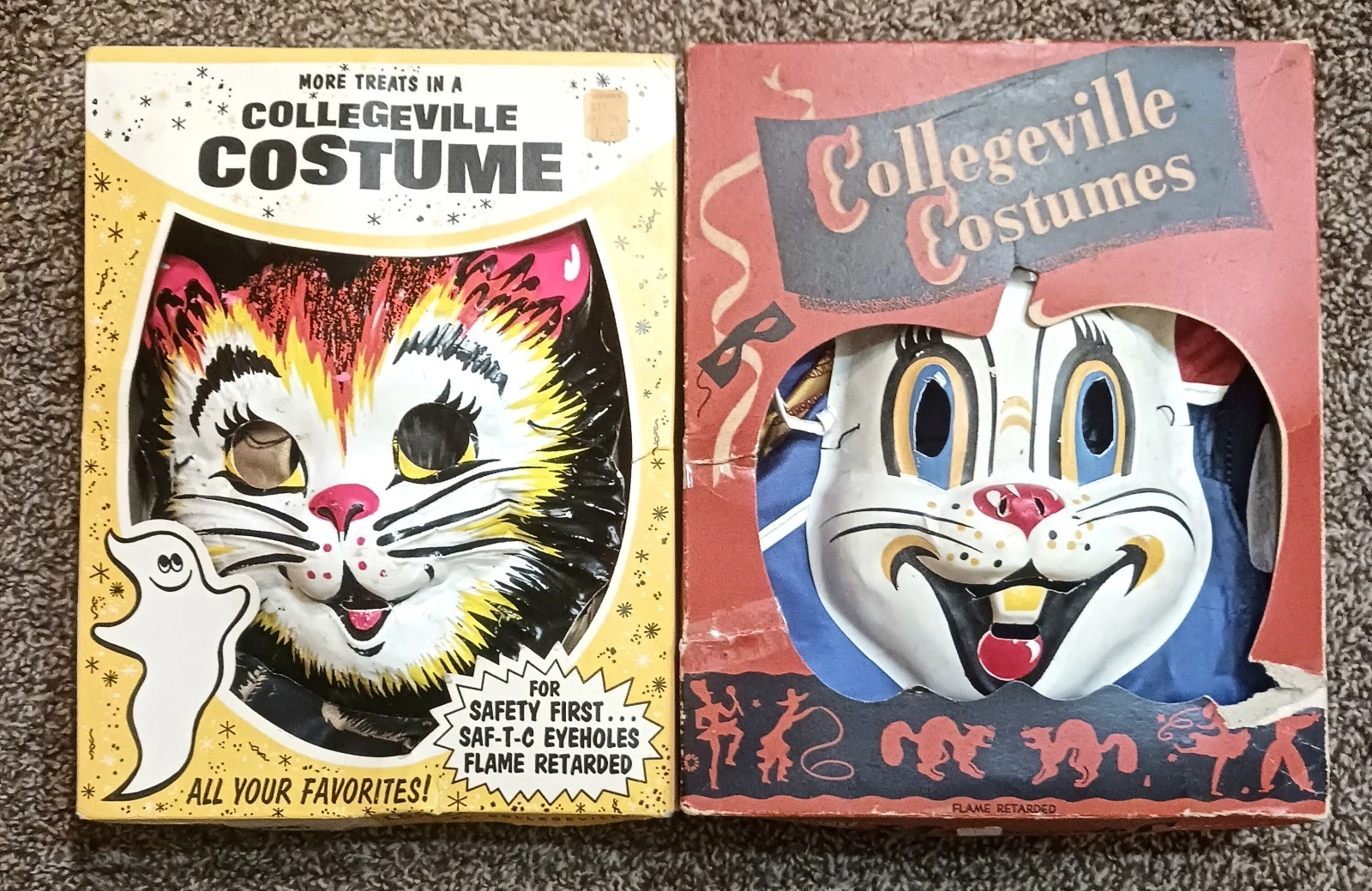 Vintage Collegville Plastic Halloween Mask and Costume Lot Peter Rabbit Kitten