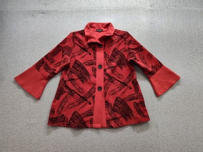 Damee Women Jacket S Red Abstract 3/4 Sleeve Collared Button Up Casual Formal