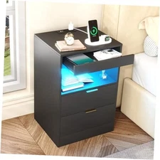  Night Stand, LED Nightstand with Charging Station, Wood Bedside Table, Black
