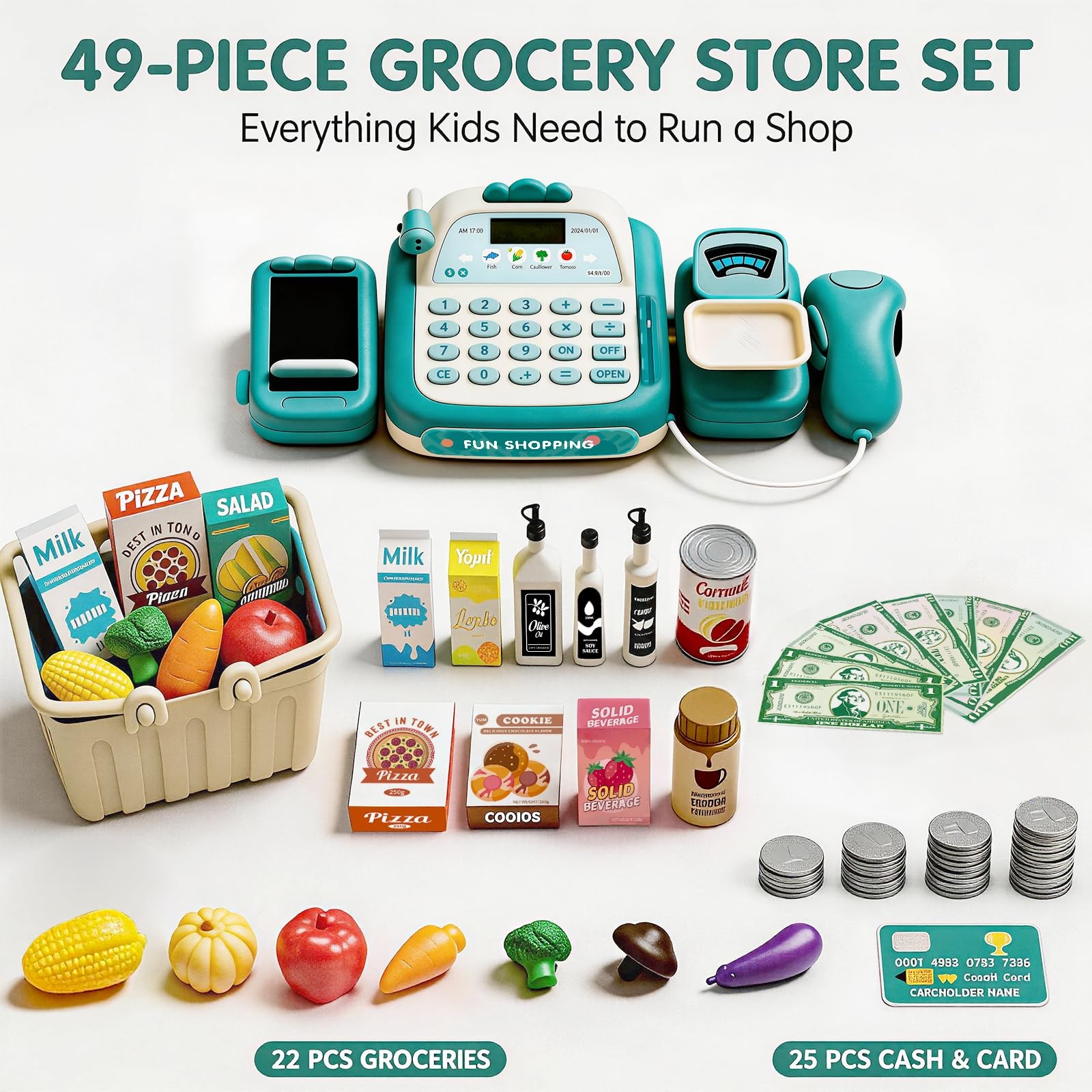 как выглядит STACTCUTE 49Pcs Cash Register Toy Set for Kids, Child-size/Miniature, Green фото