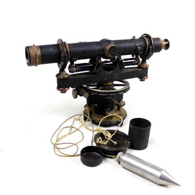 CHARLES BRUNING CO NEW YORK TRANSIT LEVEL SURVEYOR TOOL IN SERVCO WOOD CASE