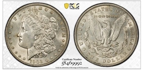 1903 P US Morgan Silver Dollar PCGS Slab AU58 Gold Shield True View AU
