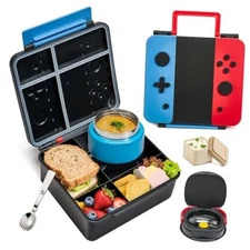 Game Bento Box for Kids, Lunch Box with Thermo(9oz Food Jar), Folding Blue-Red
