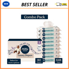 Millie Moon Luxury Diapers Size 3 80ct, Sensitive Baby Wipes 9 Pack 648ct Bundle