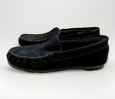 Lands End Moccasin Slippers Suede Leather Women  s 6B Plush Faux Fur Lining Black